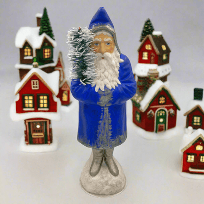 Antiqued Blue Coat Santa with Goosefeather Tree | Ino Schaller - Bon Ton goods