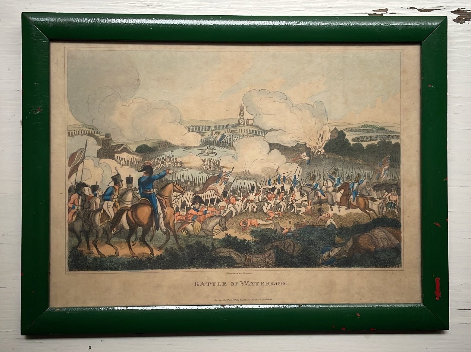 Battle of Waterloo — Antique Hand-Colored Print in Painted Green Frame - Bon Ton goods