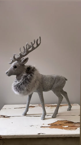 Beaded Large Grand Reindeer with Fur - Silver - Bon Ton goods