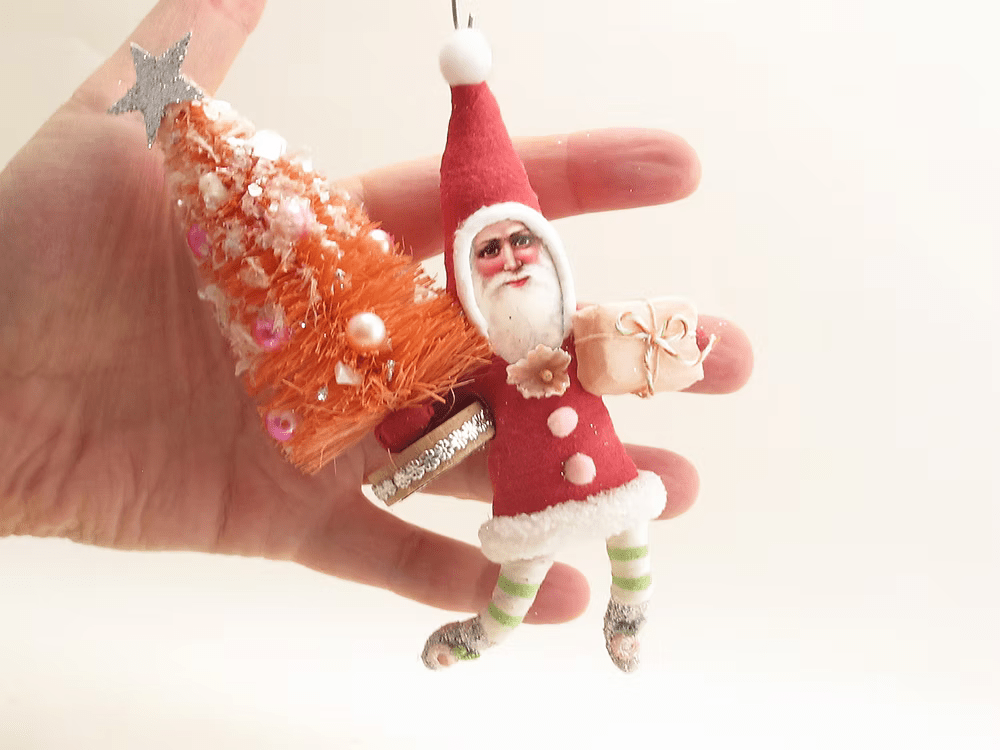 Big Tree Santa Ornament | Vintage by Crystal Spun Cotton Ornament - Bon Ton goods