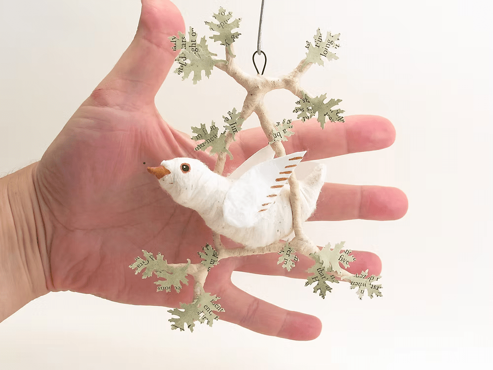 Bird Perch Ornament | Vintage by Crystal Spun Cotton Ornament - Bon Ton goods