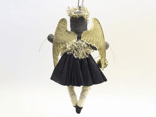 Black Dress Angel Ornament | Vintage by Crystal Spun Cotton Ornament - Bon Ton goods