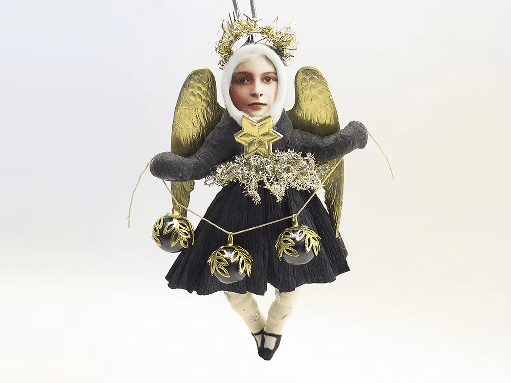 Black Dress Angel Ornament | Vintage by Crystal Spun Cotton Ornament - Bon Ton goods