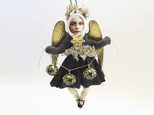 Black Dress Angel Ornament | Vintage by Crystal Spun Cotton Ornament - Bon Ton goods