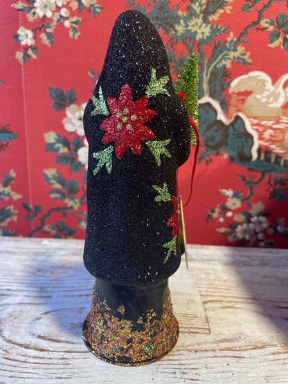 Black Glitter Santa With Poinsettia | Ino Schaller - Bon Ton goods