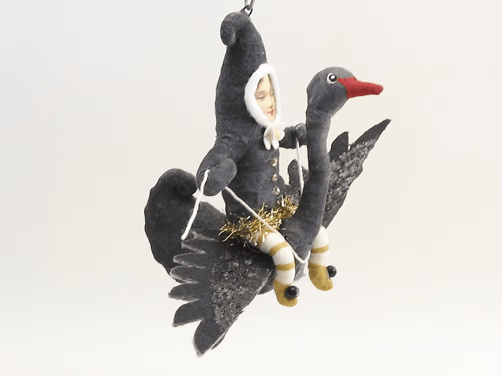 Black Swan Rider Elf Ornament | Vintage by Crystal Spun Cotton Ornament - Bon Ton goods