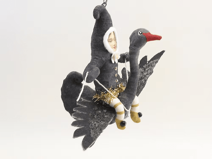 Black Swan Rider Elf Ornament | Vintage by Crystal Spun Cotton Ornament - Bon Ton goods