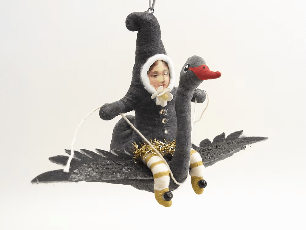 Black Swan Rider Elf Ornament | Vintage by Crystal Spun Cotton Ornament - Bon Ton goods