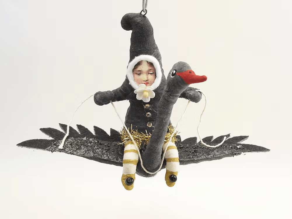 Black Swan Rider Elf Ornament | Vintage by Crystal Spun Cotton Ornament - Bon Ton goods