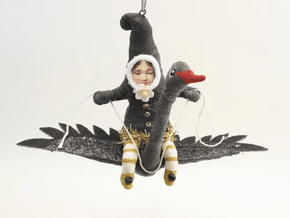 Black Swan Rider Elf Ornament | Vintage by Crystal Spun Cotton Ornament - Bon Ton goods