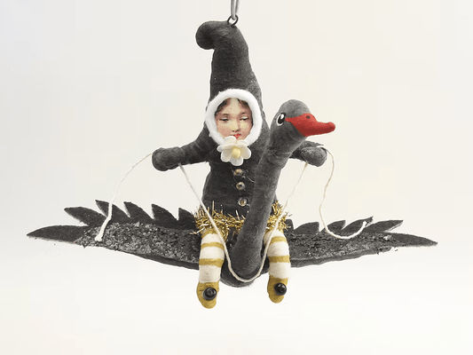 Black Swan Rider Elf Ornament | Vintage by Crystal Spun Cotton Ornament - Bon Ton goods