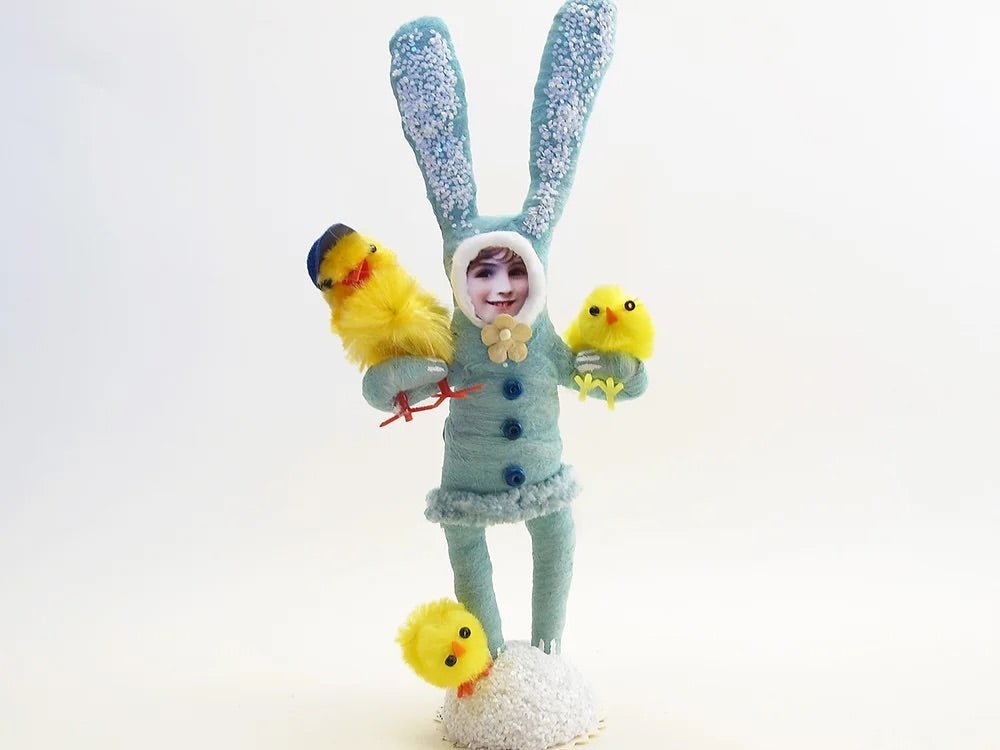 Blue Chick Collecting Bunny Child Figure - Vintage by Crystal | Vintage by Crystal Spun Cotton Ornament - Bon Ton goods