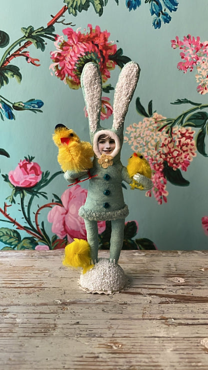Blue Chick Collecting Bunny Child Figure - Vintage by Crystal | Vintage by Crystal Spun Cotton Ornament - Bon Ton goods