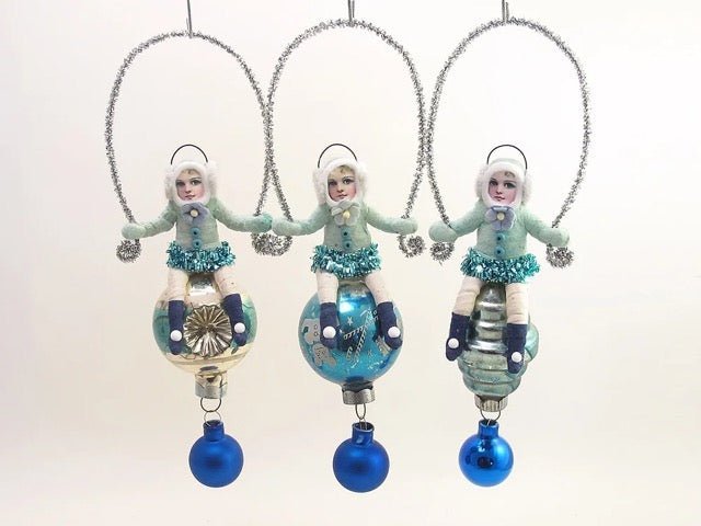 Blue Earmuff Child On Glass Ball | Vintage by Crystal Spun Cotton Ornament - Bon Ton goods
