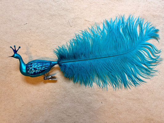 Blue Peacock Ornament with Large Marabou Feather by Nostalgie Christbaumschmuck