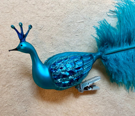 Blue Peacock Ornament with Large Marabou Feather by Nostalgie Christbaumschmuck
