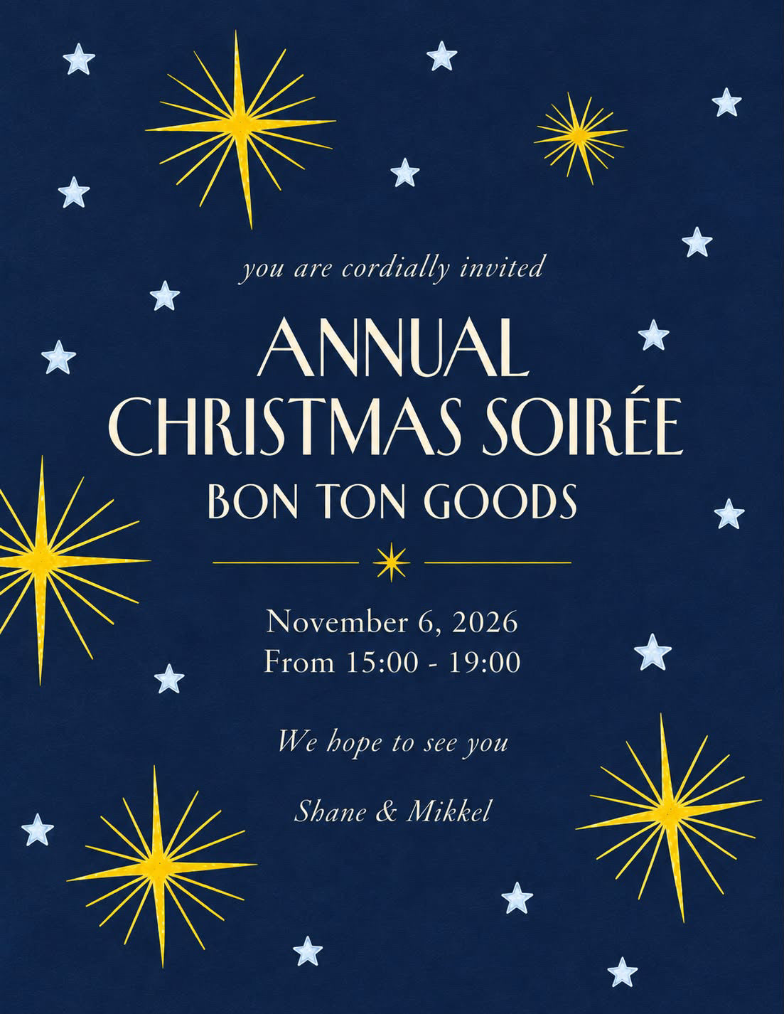 Invitation to BON TON goods’ Annual Christmas Soirée, November 6, 2026, 15:00–19:00. Shane & Mikkel.