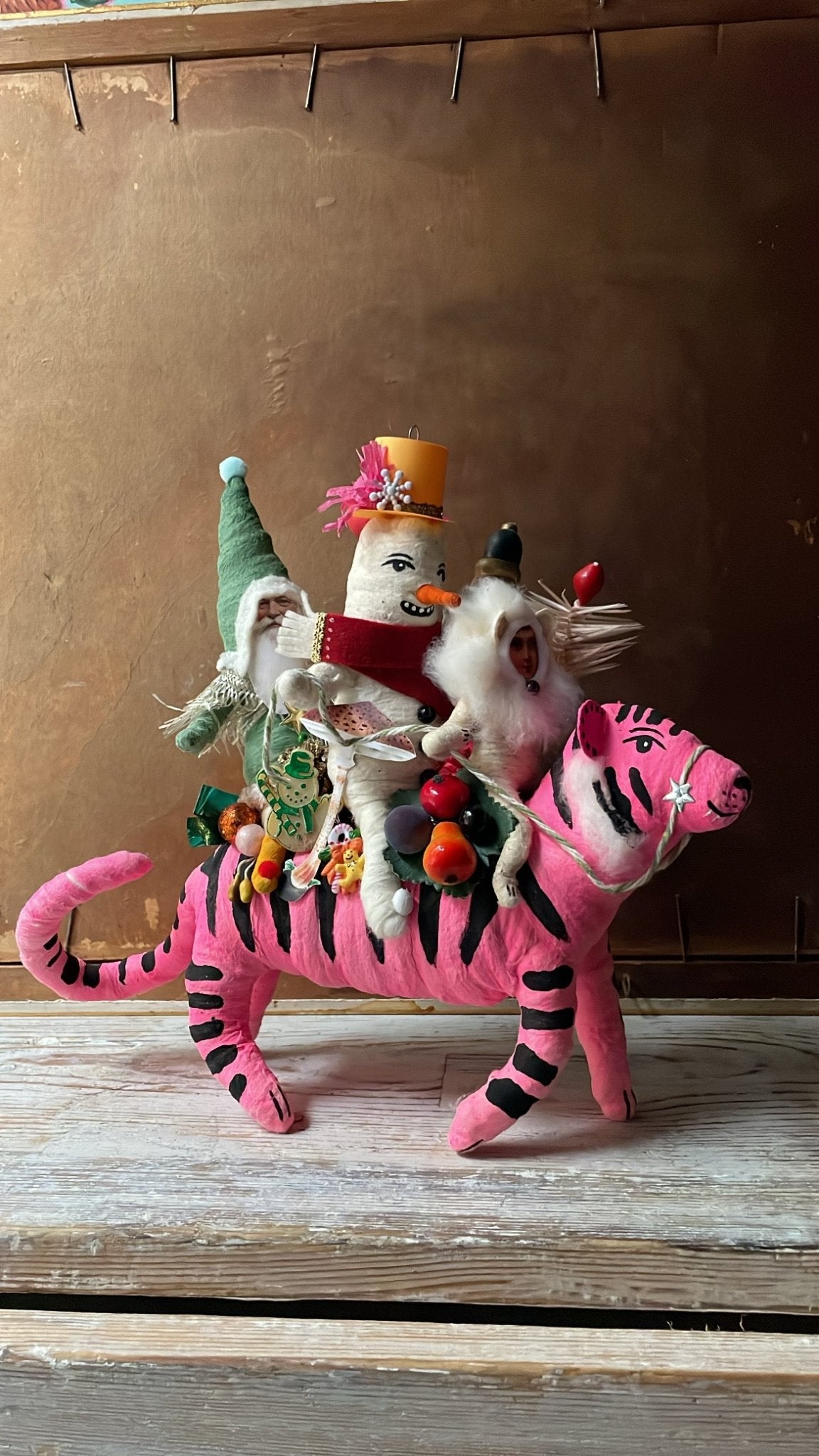 Bright Pink Trio on Big Cat | Vintage by Crystal Spun Cotton Ornament - Bon Ton goods