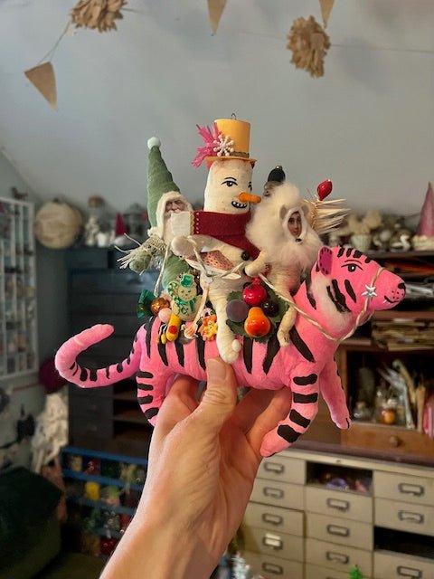 Bright Pink Trio on Big Cat | Vintage by Crystal Spun Cotton Ornament - Bon Ton goods