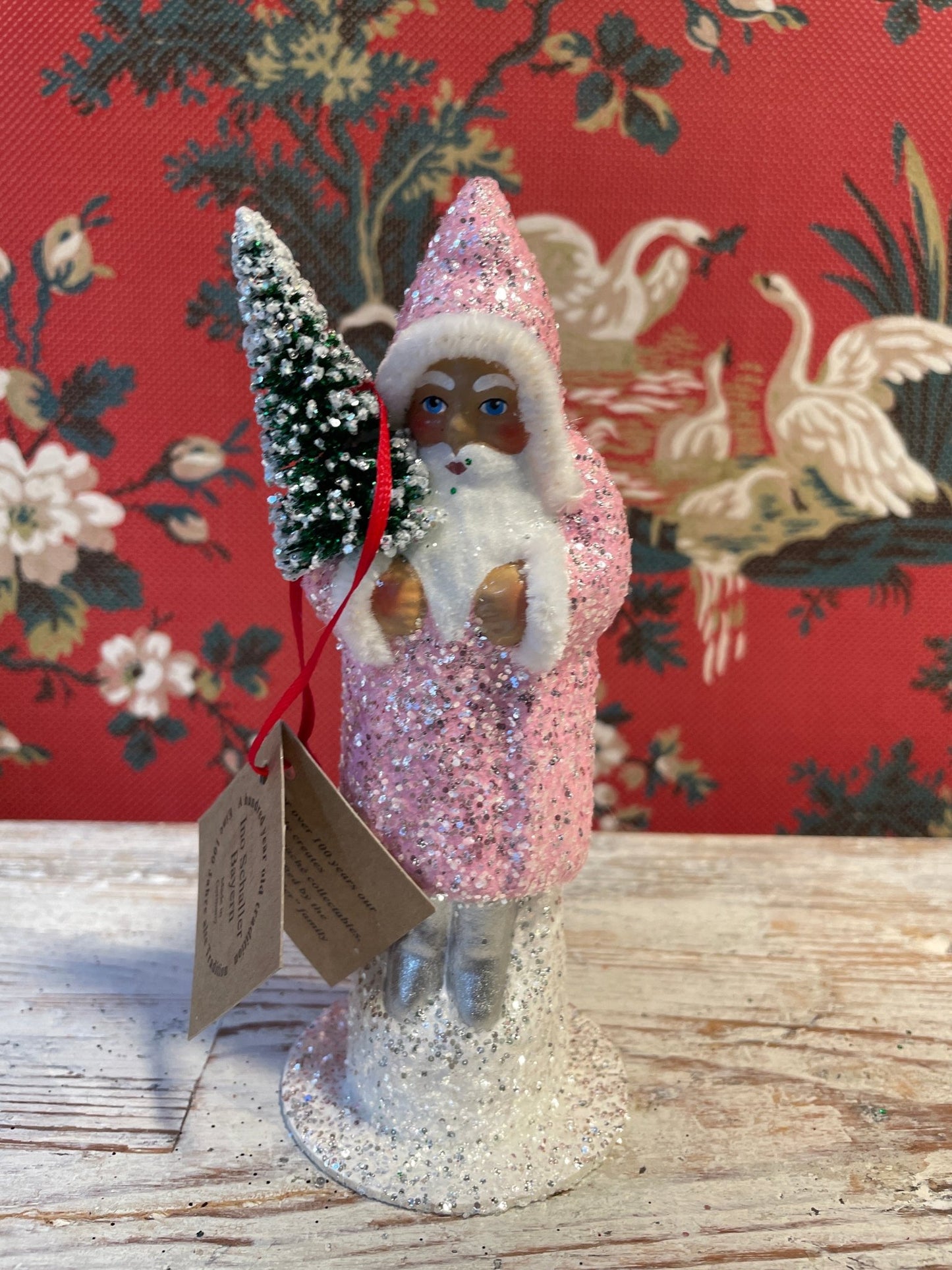 Brilliant Candy Pink Glittered Santa Holding Frosted Tree | Ino Schaller - Bon Ton goods