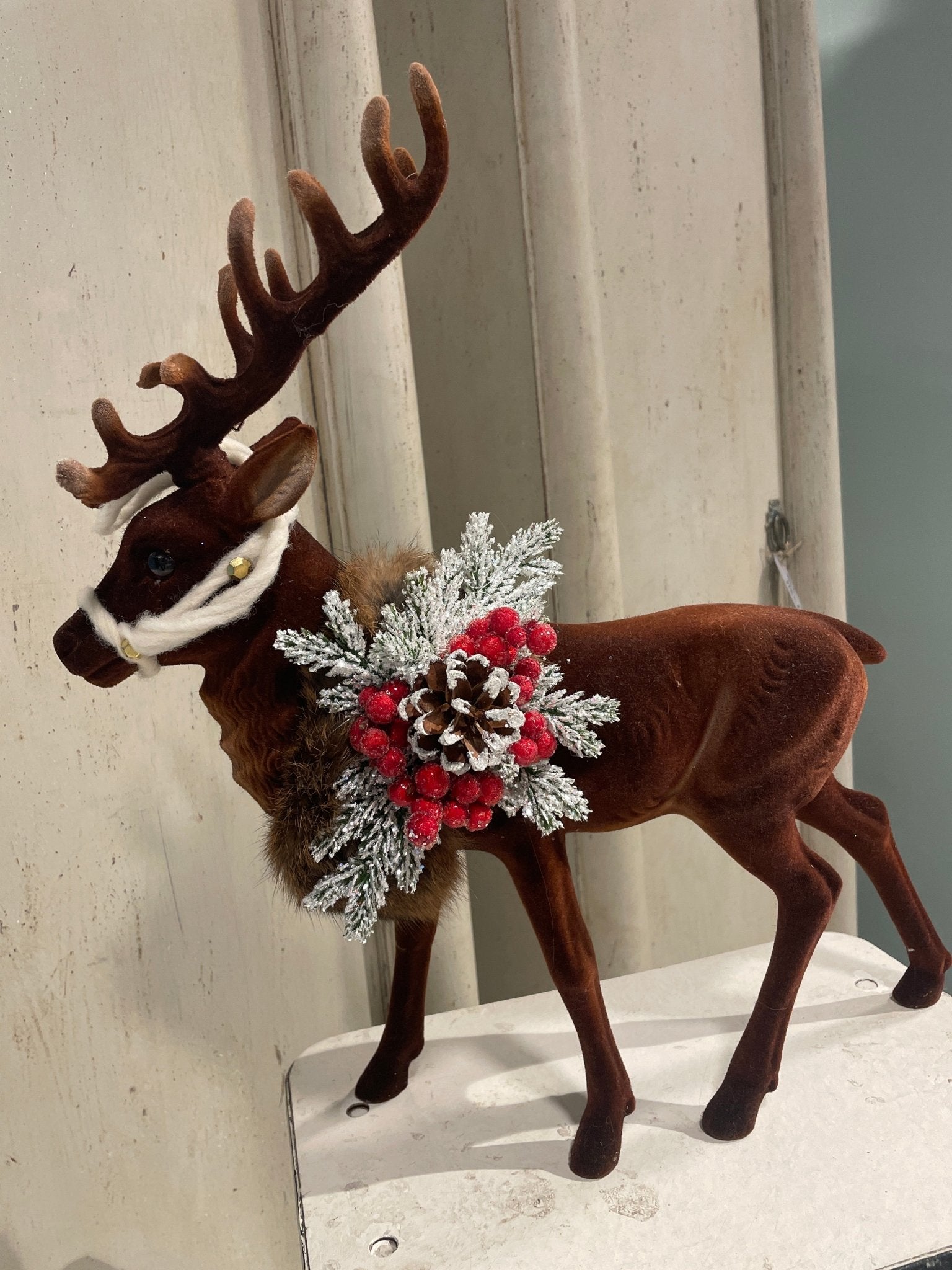 Brown Reindeer Flocked With Antlers Fur, Reins, and Christmas Deco | Ino Schaller - Bon Ton goods