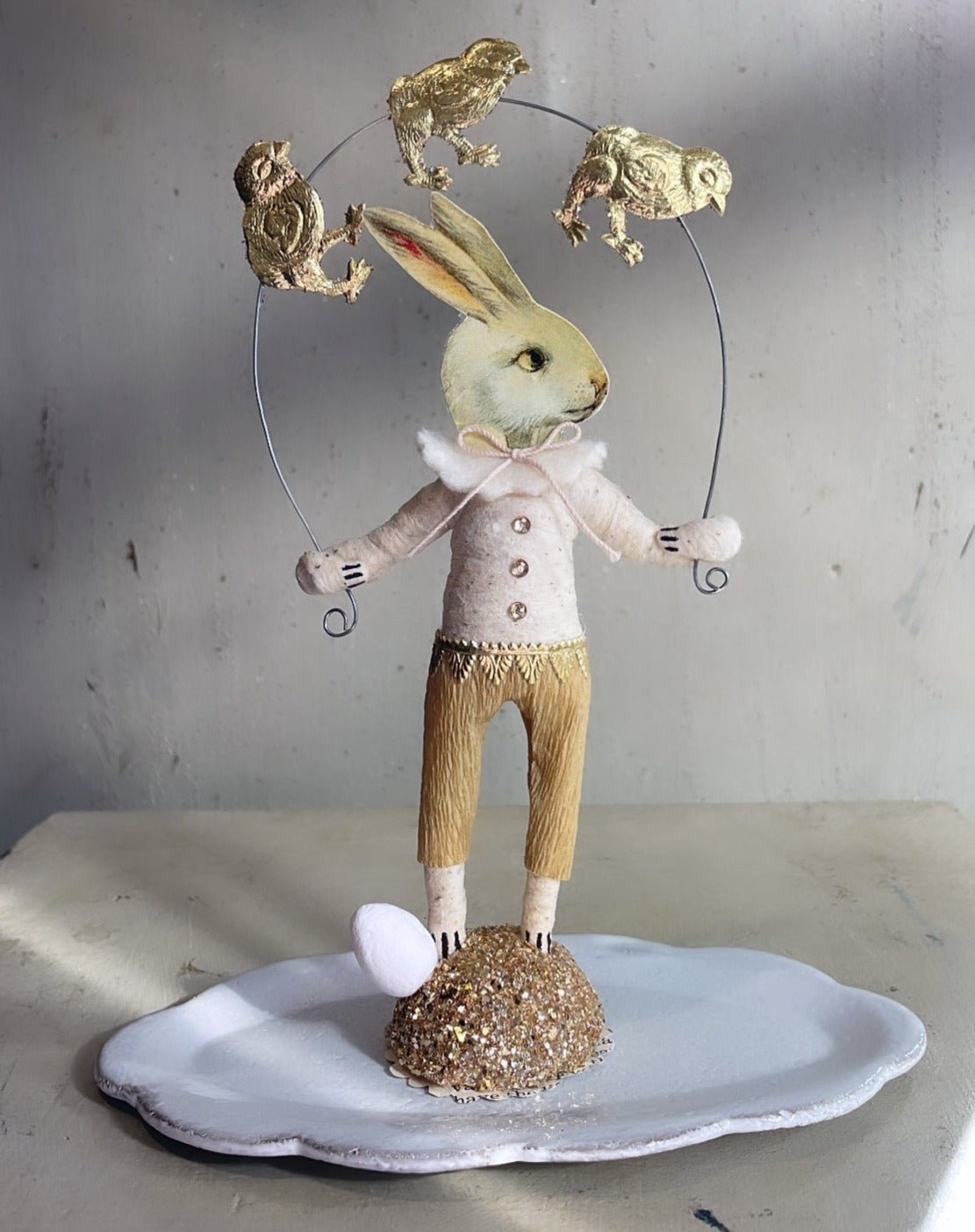 Bunny Faced Chick Juggler Figure | Vintage by Crystal Spun Cotton Ornament - Bon Ton goods