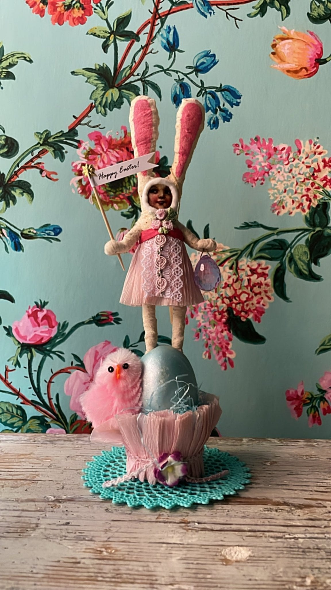Bunny Girl Standing On Egg Figure - Vintage by Crystal | Vintage by Crystal Spun Cotton Ornament - Bon Ton goods