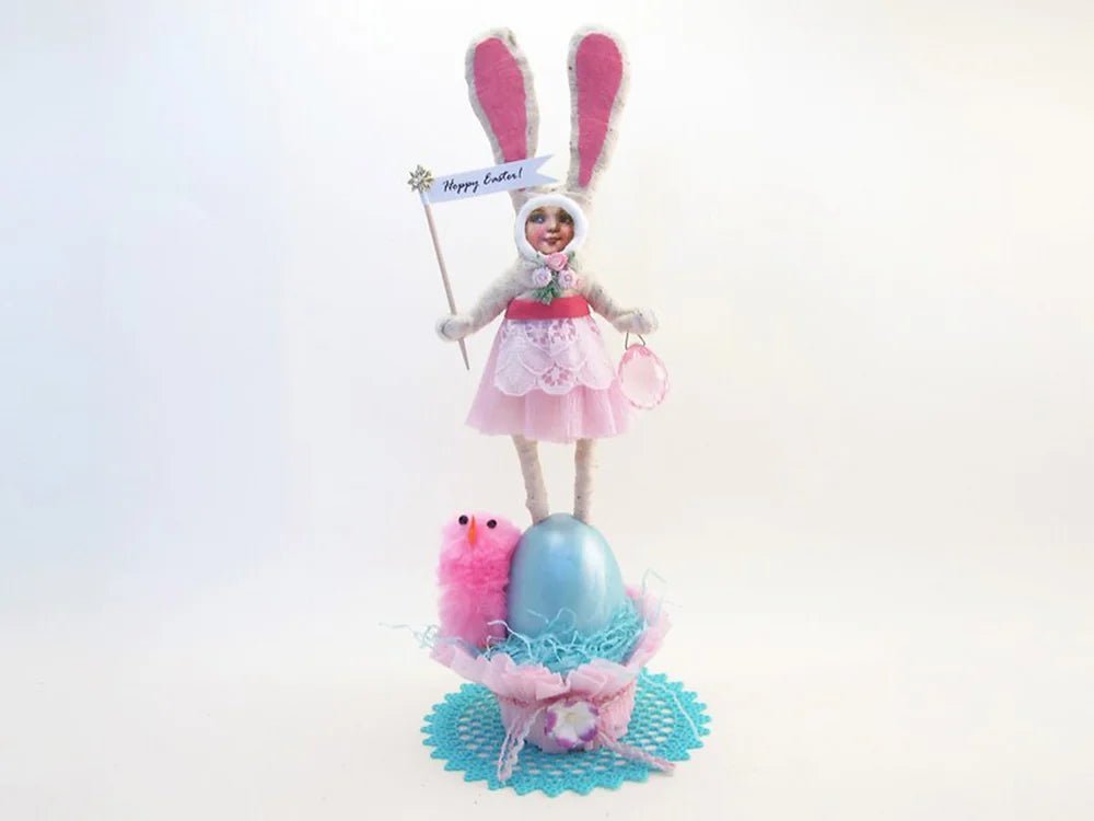 Bunny Girl Standing On Egg Figure - Vintage by Crystal | Vintage by Crystal Spun Cotton Ornament - Bon Ton goods