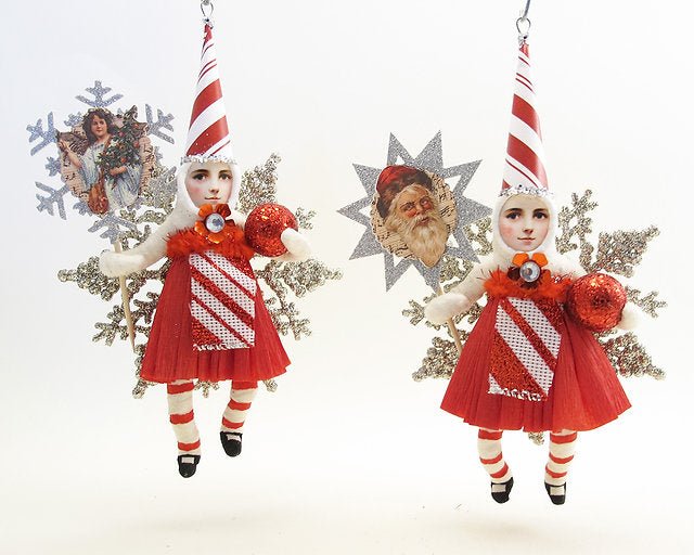 Candy Cane Striped Princess On Snowflake Ornament - Vintage by Crystal | Vintage by Crystal Spun Cotton Ornament - Bon Ton goods
