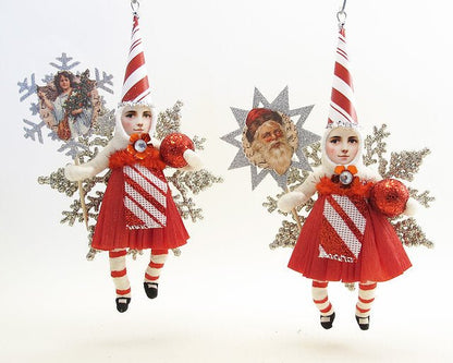 Candy Cane Striped Princess On Snowflake Ornament - Vintage by Crystal | Vintage by Crystal Spun Cotton Ornament - Bon Ton goods