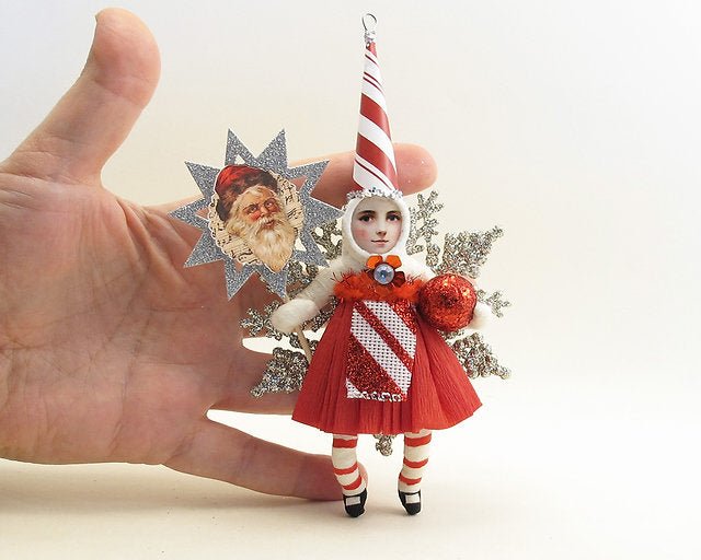 Candy Cane Striped Princess On Snowflake Ornament - Vintage by Crystal | Vintage by Crystal Spun Cotton Ornament - Bon Ton goods