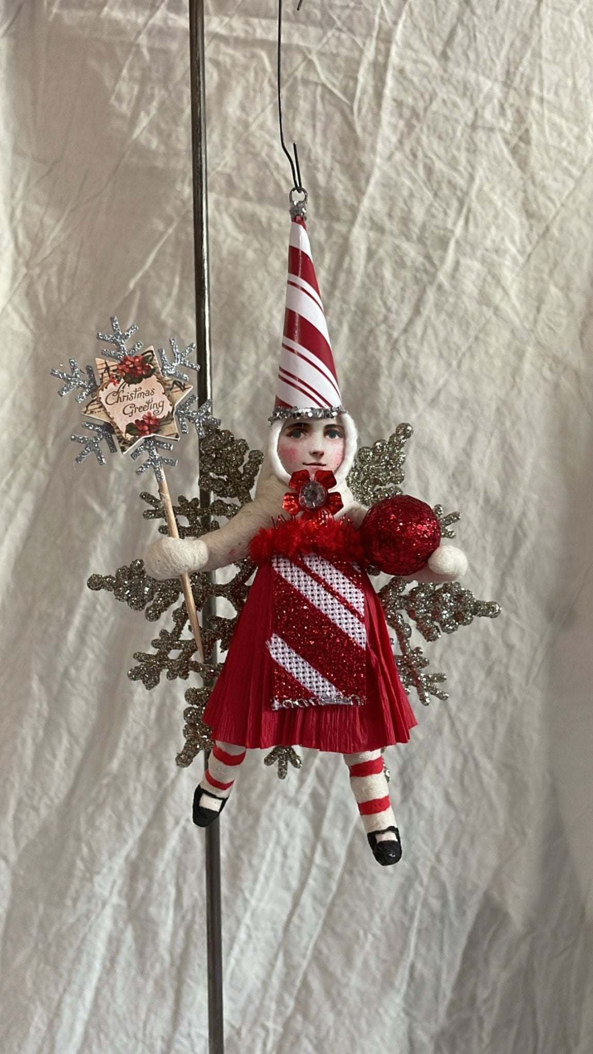 Candy Cane Striped Princess On Snowflake Ornament - Vintage by Crystal | Vintage by Crystal Spun Cotton Ornament - Bon Ton goods