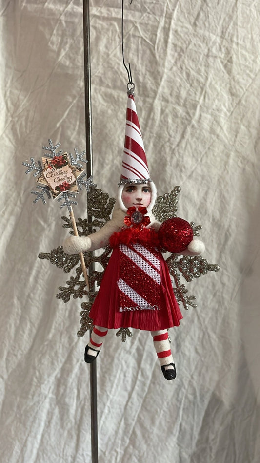 Candy Cane Striped Princess On Snowflake Ornament - Vintage by Crystal | Vintage by Crystal Spun Cotton Ornament - Bon Ton goods