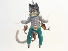 Load image into Gallery viewer, Cat Boy Catching Fish Ornament - Vintage Inspired Spun Cotton - Bon Ton goods
