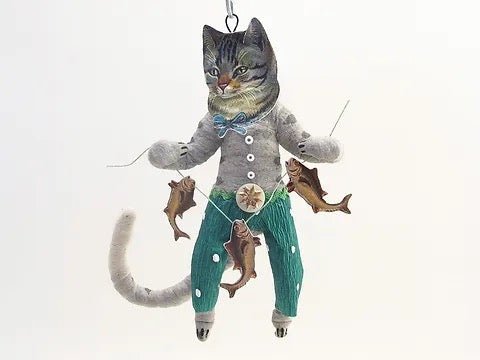 Cat Boy Catching Fish Ornament - Vintage Inspired Spun Cotton - Bon Ton goods