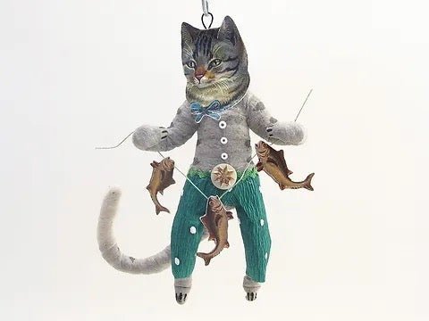 Cat Boy Catching Fish Ornament - Vintage Inspired Spun Cotton | Vintage by Crystal Spun Cotton Ornament - Bon Ton goods