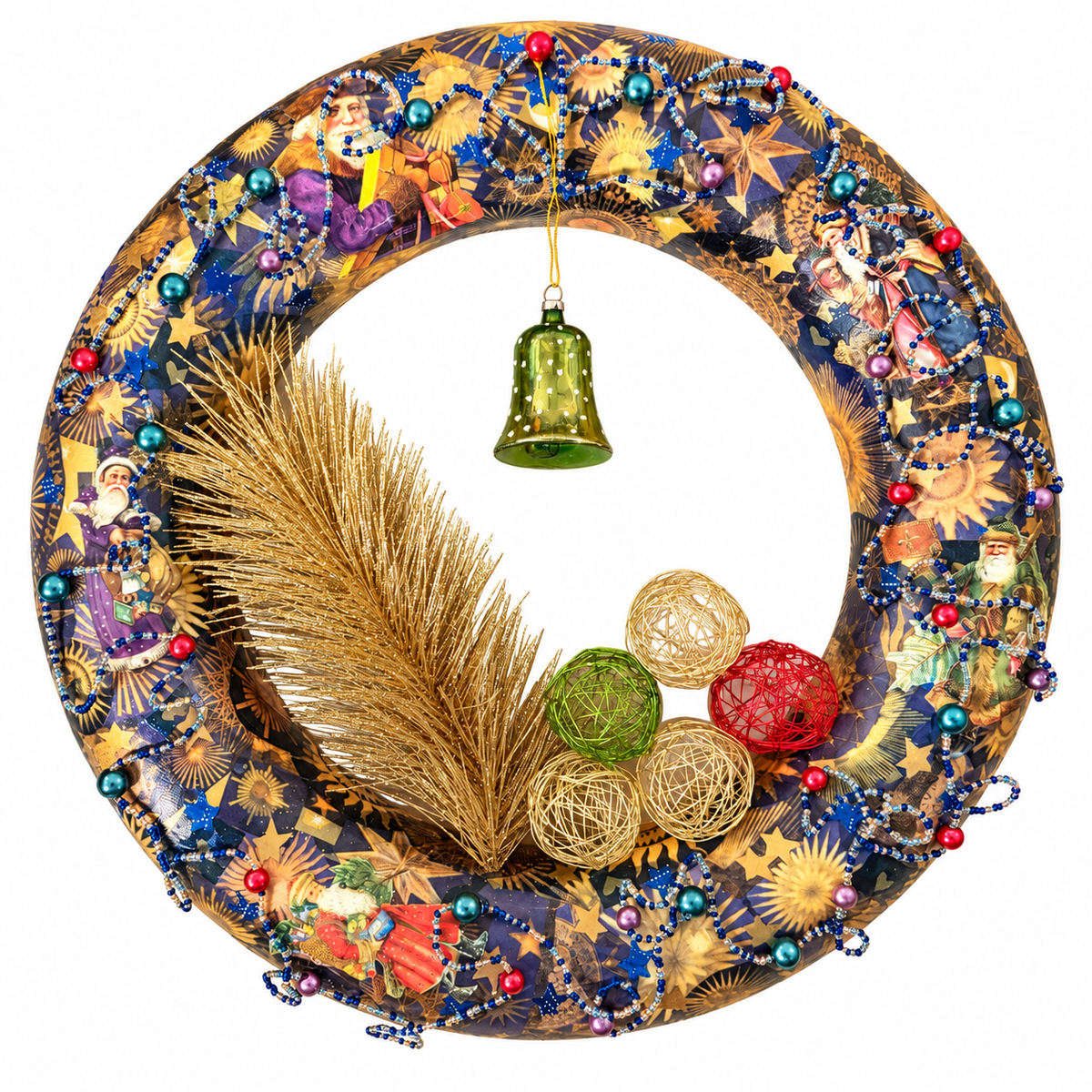 Celestial Noël Christmas Wreath by Eclectic Tree with vintage Santas, gold tree and green glass bell