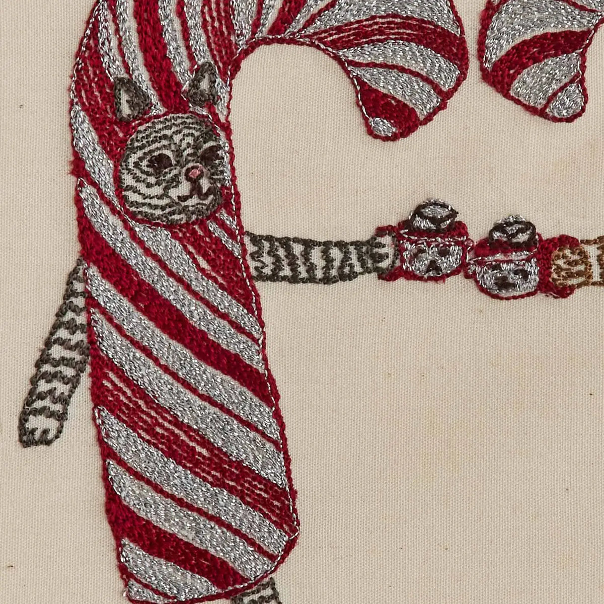 Cat, cocoa and metallic candy cane embroidery detail on the Candy Cane Cheers card