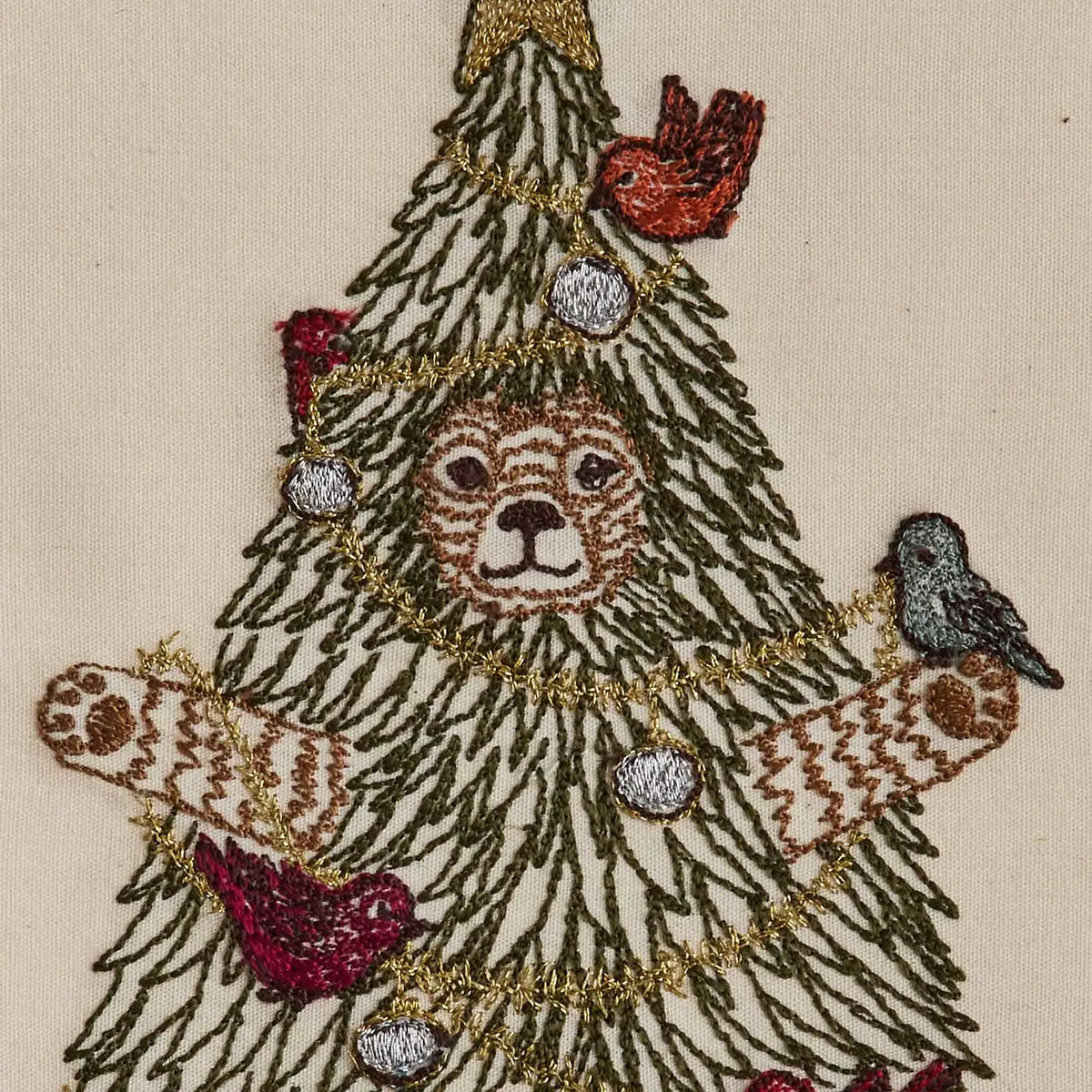 Gold tinsel, silver ornaments and songbirds embroidery detail on the Christmas Tree Bear card