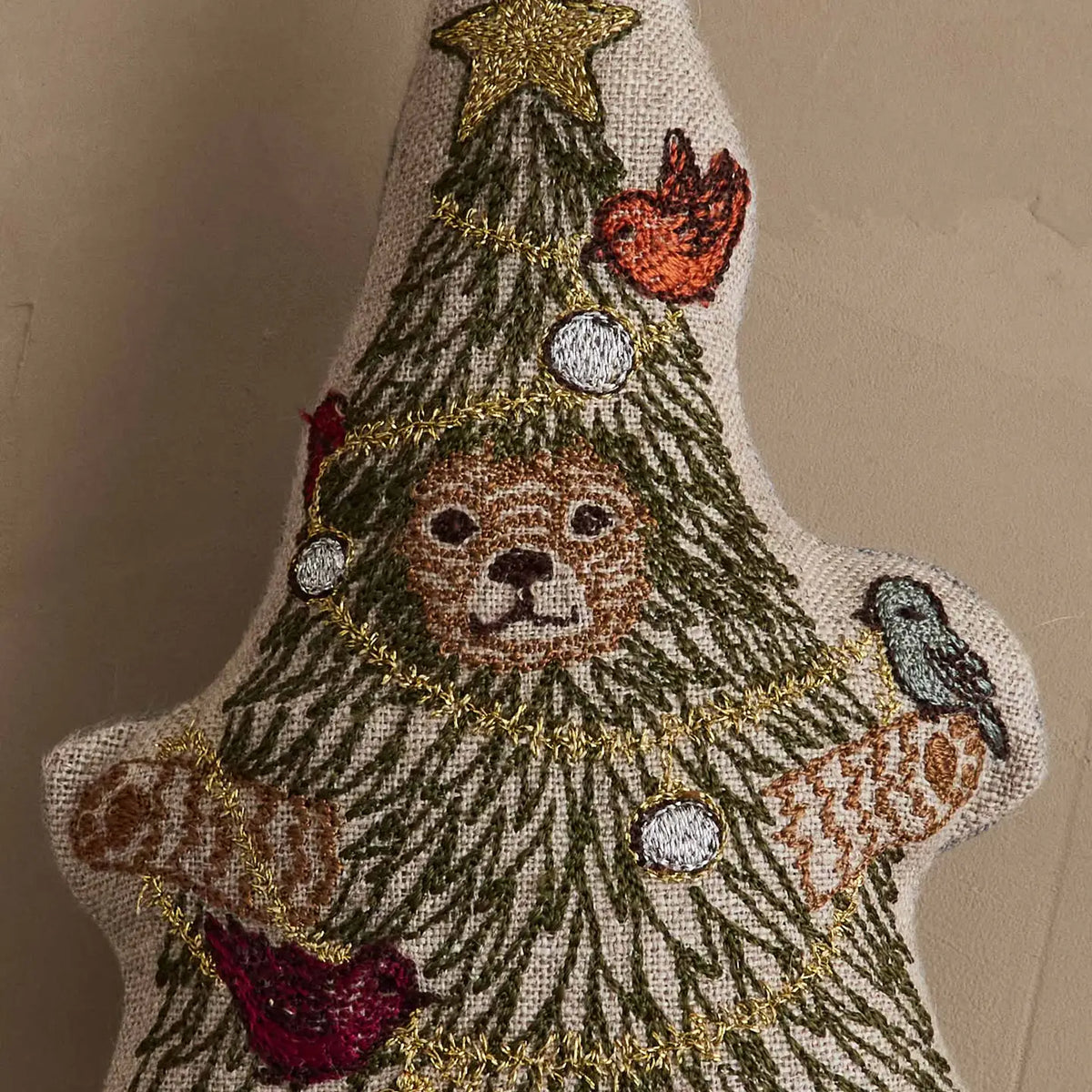 Gold tinsel, silver ornaments and songbirds embroidery detail on the Christmas Tree Bear ornament