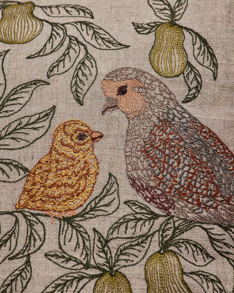 Partridge with chick embroidery detail