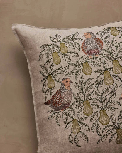 Partridges, pears and foliage embroidery detail