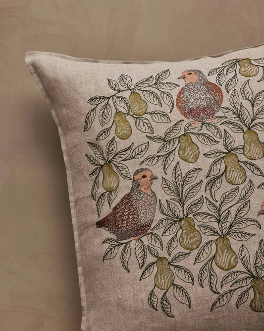 Partridges, pears and foliage embroidery detail