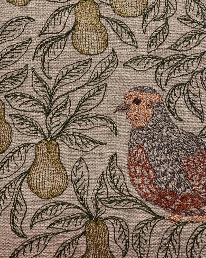 Partridge and pear embroidery detail
