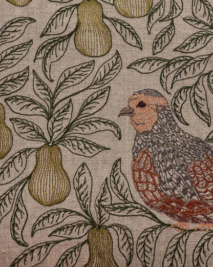 Partridge and pear embroidery detail