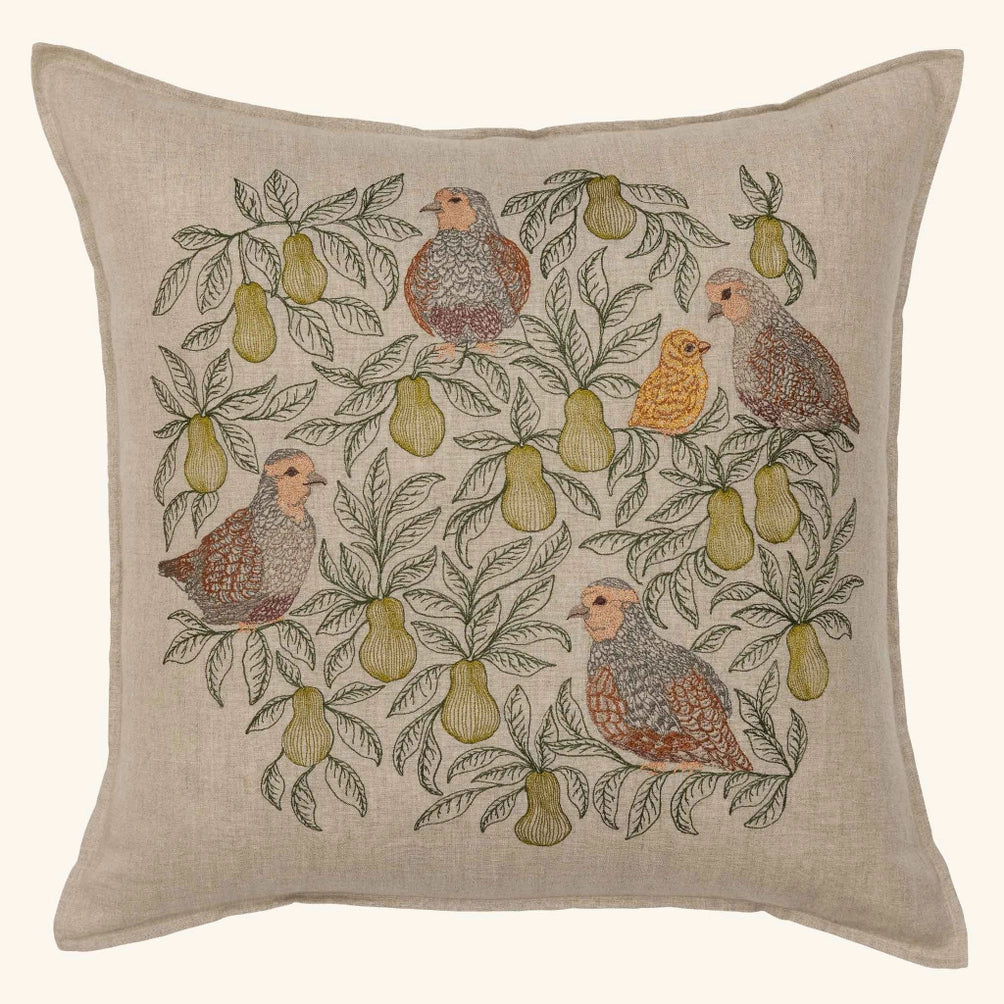 Partridge in a Pear Tree embroidered linen pillow by Coral & Tusk