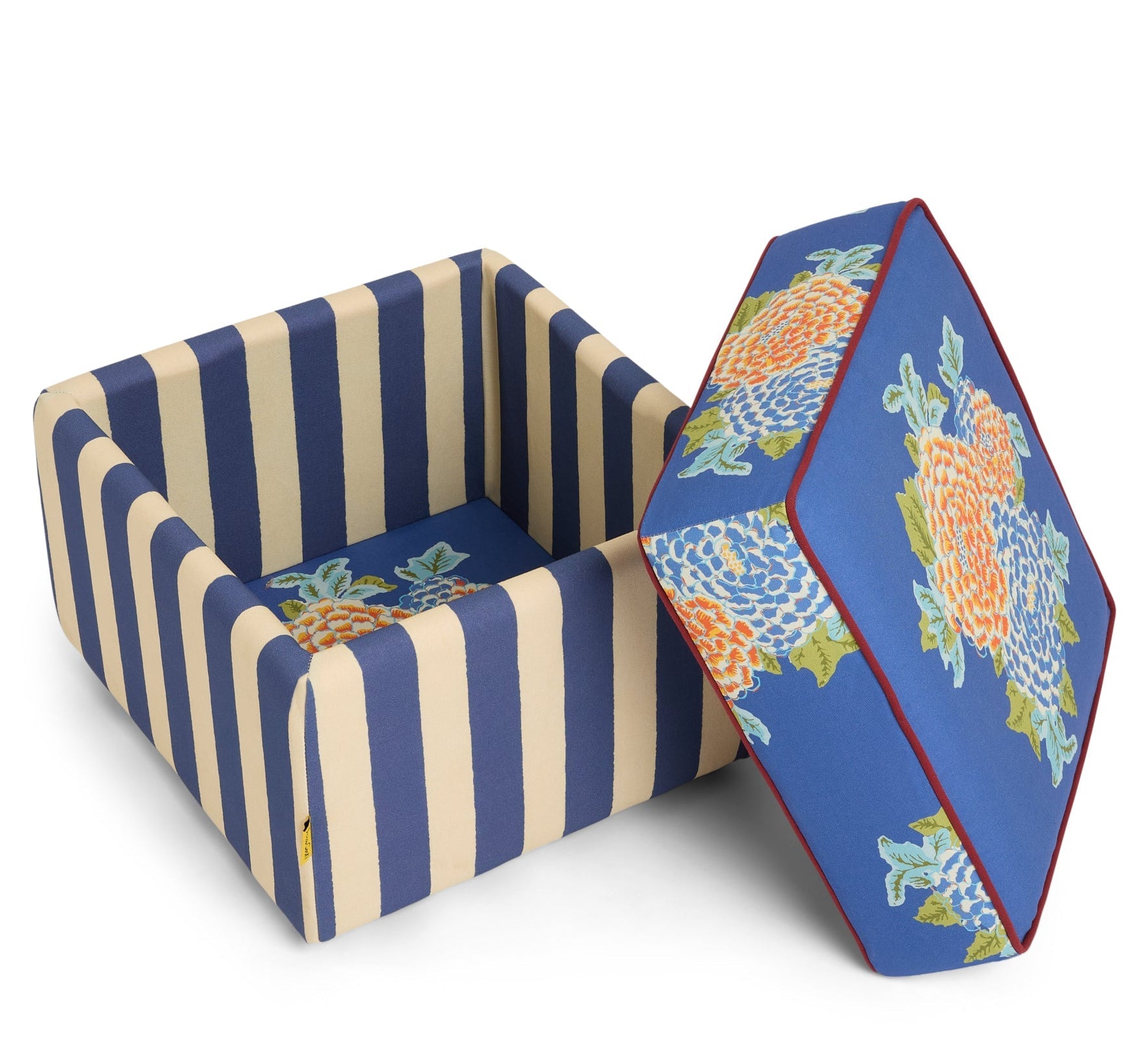 Corolla Blue and Stripes Blue, Cream Pouf - Ottoman | Lisa Corti - Bon Ton goods