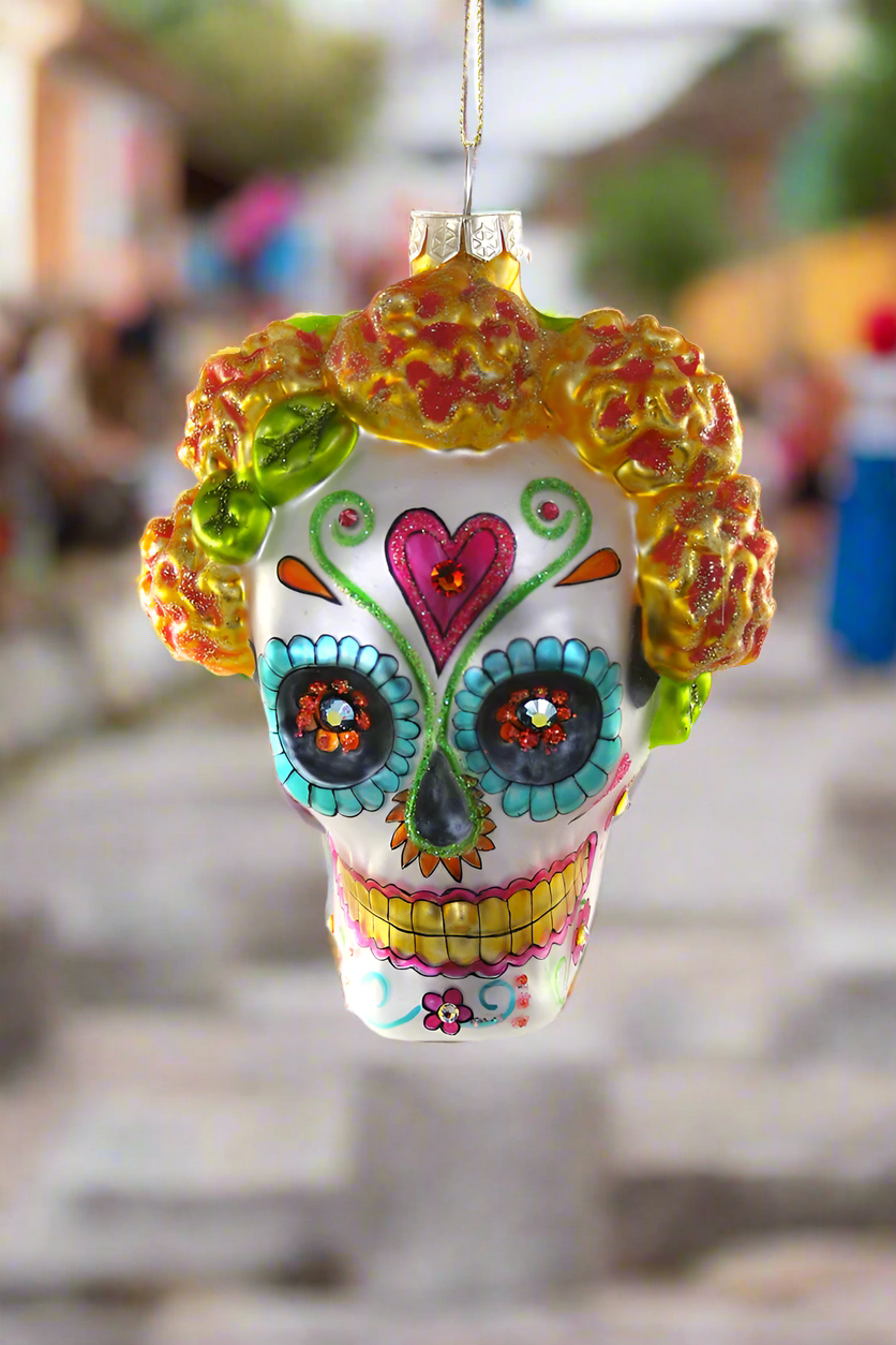 Dia de Los Muertos Skull with Marigolds | Christmas Ornament - Bon Ton goods