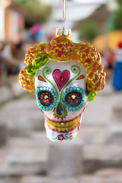 Dia de Los Muertos Skull with Marigolds | Christmas Ornament - Bon Ton goods