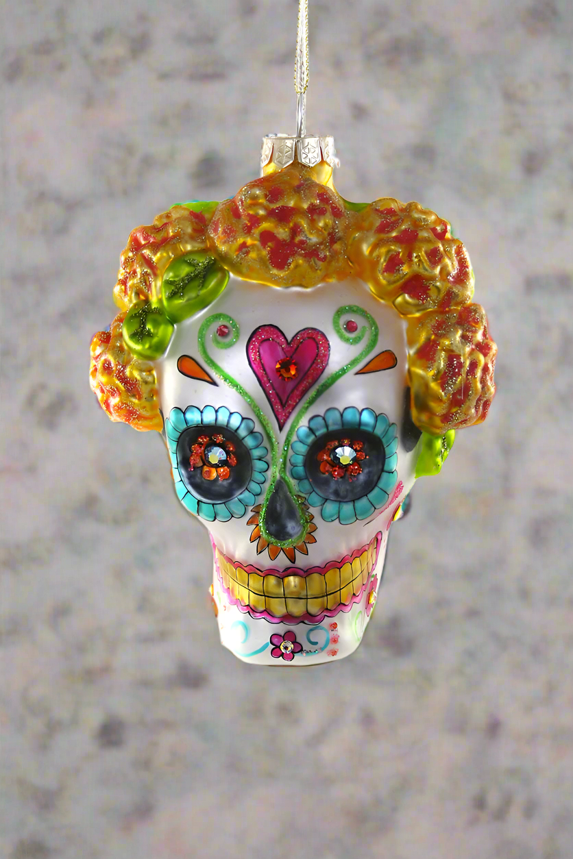 Dia de Los Muertos Skull with Marigolds | Christmas Ornament - Bon Ton goods